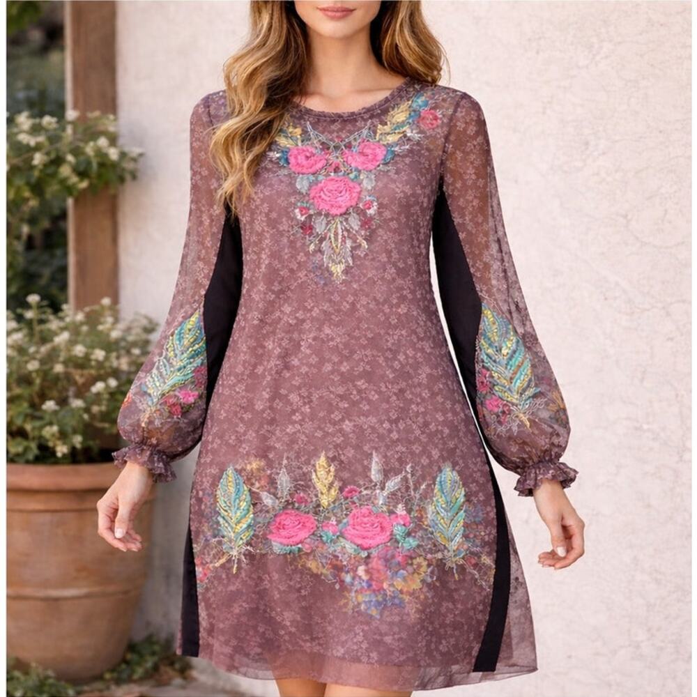 BIYA JOHNNY WAS | Embroidered Floral Sheer Mesh Long Sleeve Dress Knee Length S